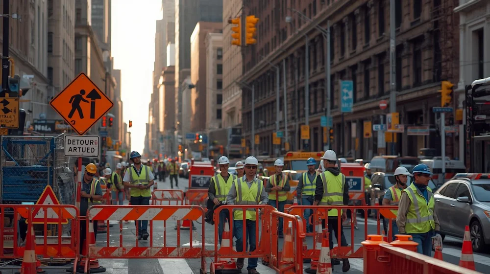 Busy construction zone in New York City with detour sign