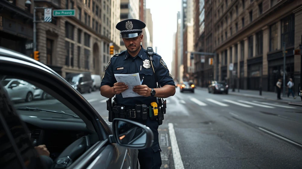 New York City police officer issuing traffic ticket to a driver