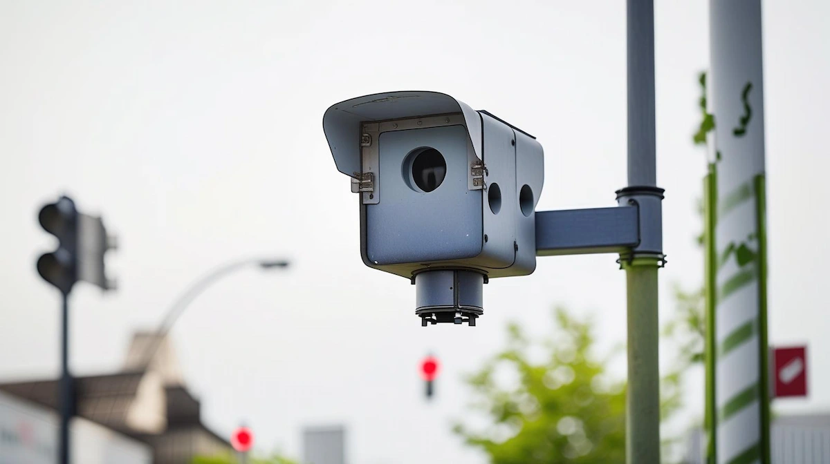 New York City red light traffic camera, mounted on a pole at an intersection