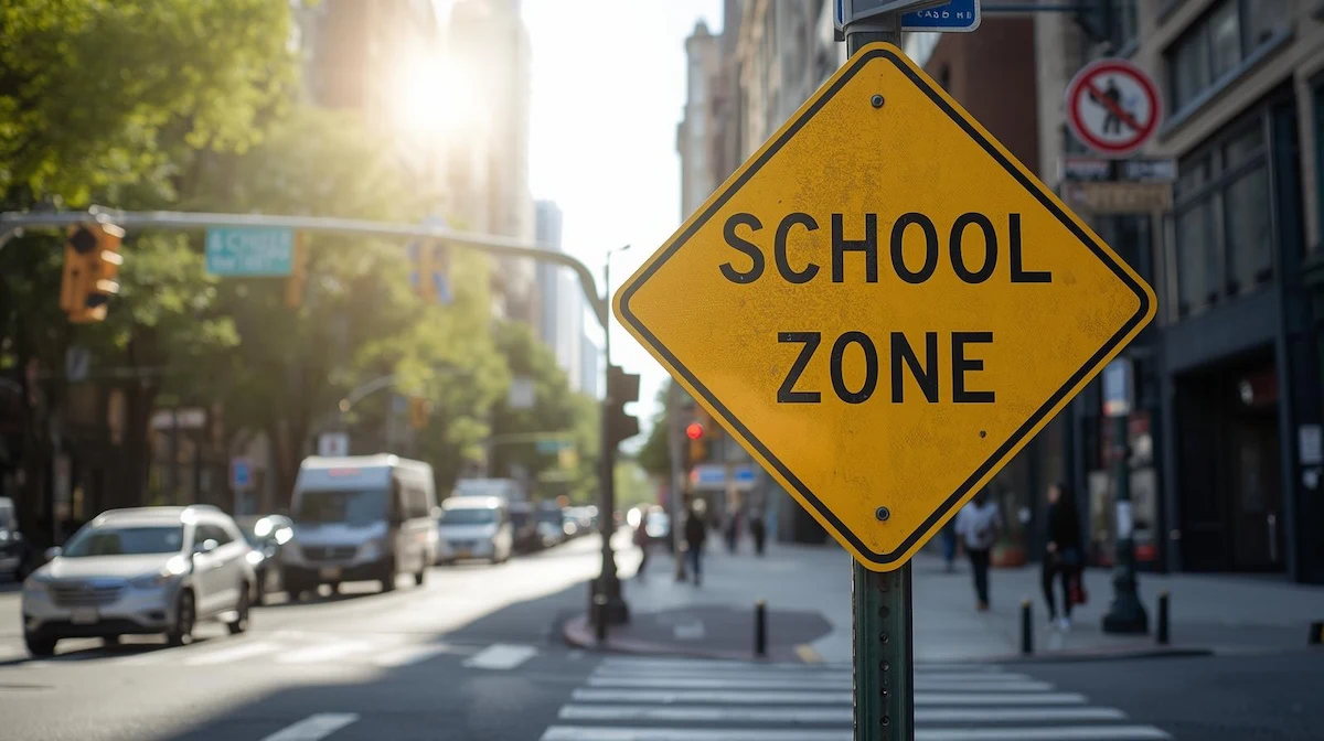 School zone in New York City with traffic sign