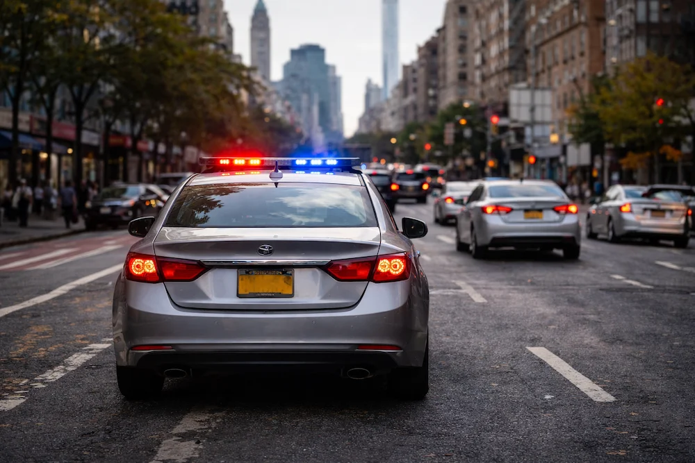 Car pulled over on a New York City street with police lights behind during a traffic stop