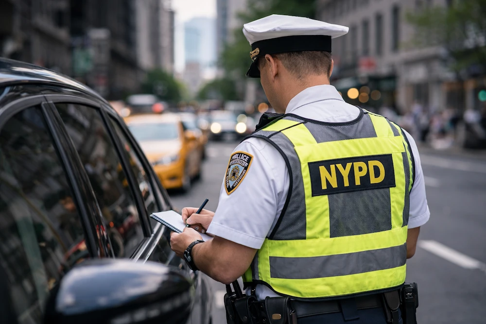 NYPD officer writing a traffic ticket on a New York City street